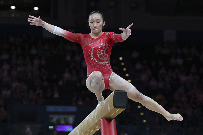 Singapore's Emma Yap competes in the women's team final and individual qualification artistic gymnastics event at the Arena Birmingham, on day two of the Commonwealth Games in Birmingham, central England, on July 30, 2022. (© Sport Singapore/FACTSTORY)
